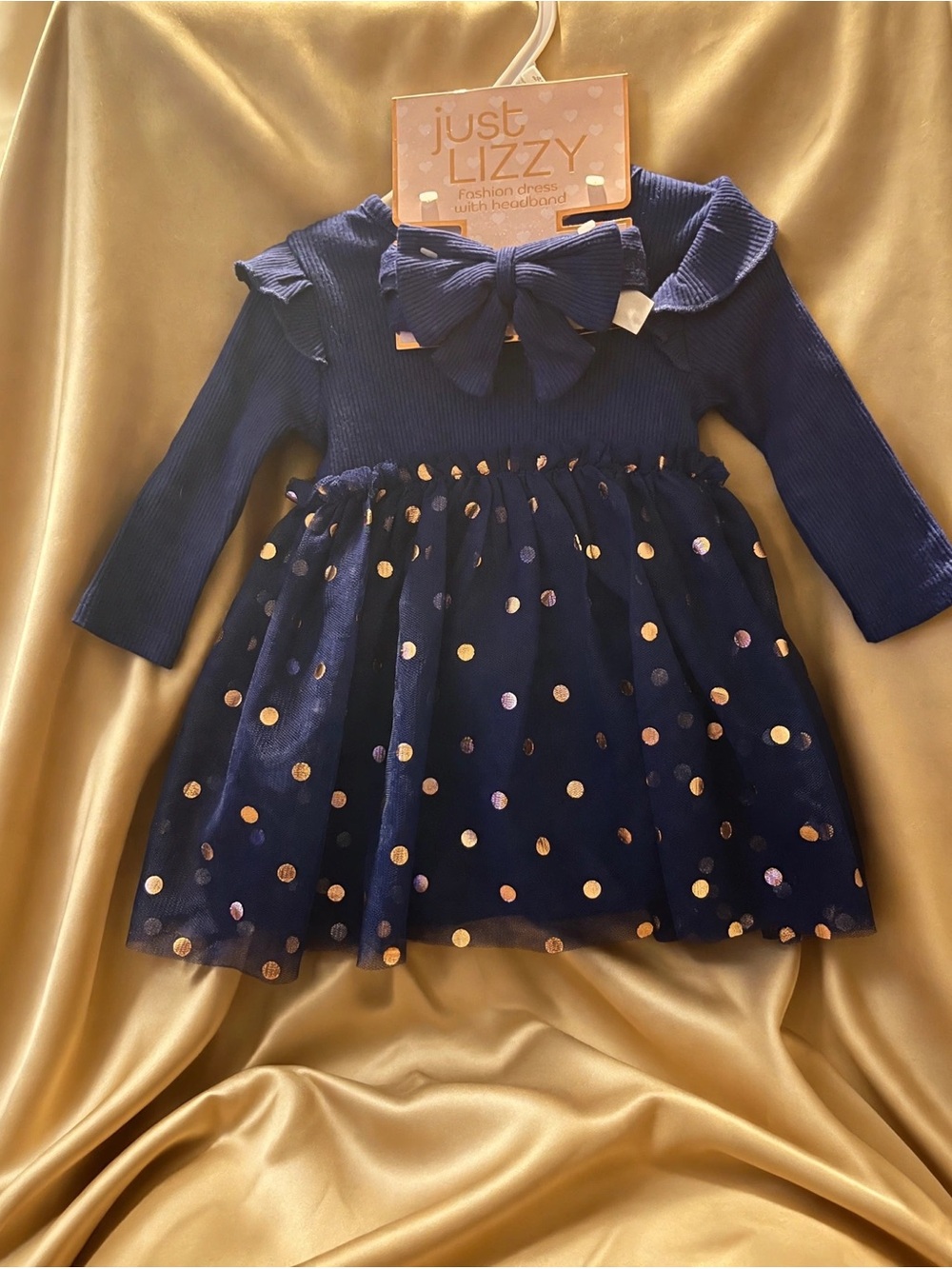 Infant Navy Long-Sleeve Tulle Dress with Gold Polka Dots and Bow
